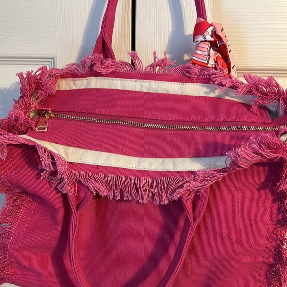 Pink Canvas Tote with Fringe and Scarf - Picture 8 of 9